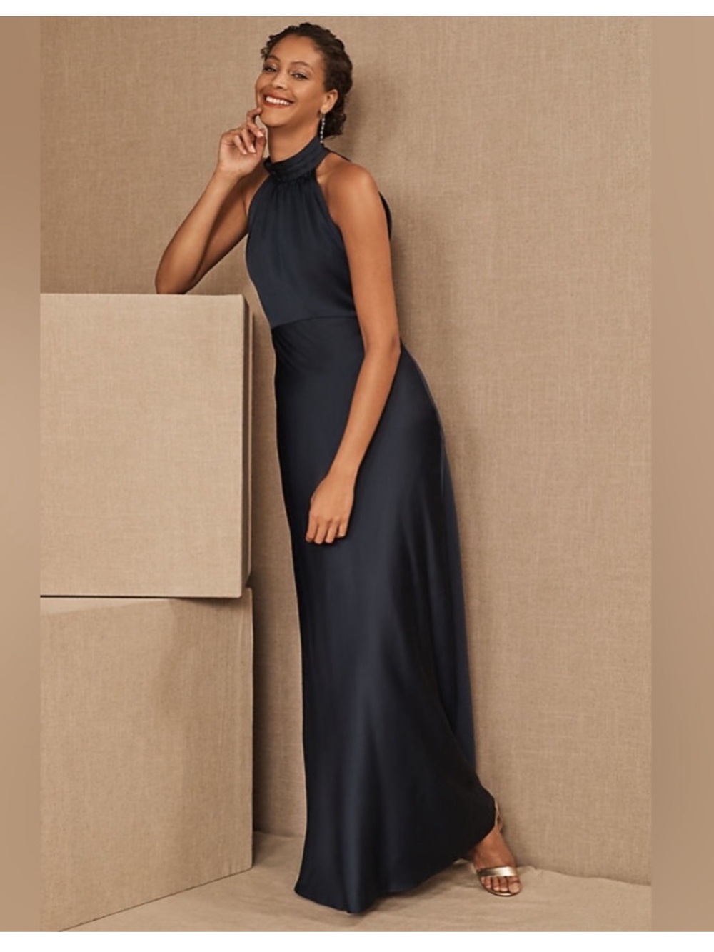 Anthropologie BHLDN Navy Halter Satin Maxi Dress Esme 10